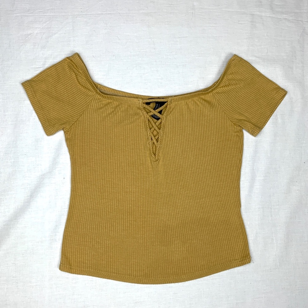 Mustard colored over the shoulder blouse ✨